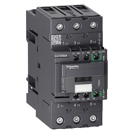 IEC Magnetic Contactor, 1NC/1NO, 48V-130V AC/DC, 3 P, Non-Reversing, Screw Clamp MPN:LC1D50AEHE