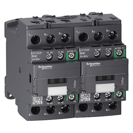 IEC Magnetic Contactor, 1NC/1NO, 24V-60V AC/DC, 3 P, Reversing, Screw Clamp MPN:LC2D25BNE