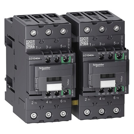 IEC Magnetic Contactor, 1NC/1NO, 24V-60V AC/DC, 3 P, Reversing, Screw Clamp MPN:LC2D40ABNE
