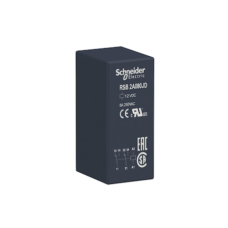 Interface plug-in relay, 8 A, 2 CO, 12 V, 12V DC Coil Volts, 2 C/O MPN:RSB2A080JD