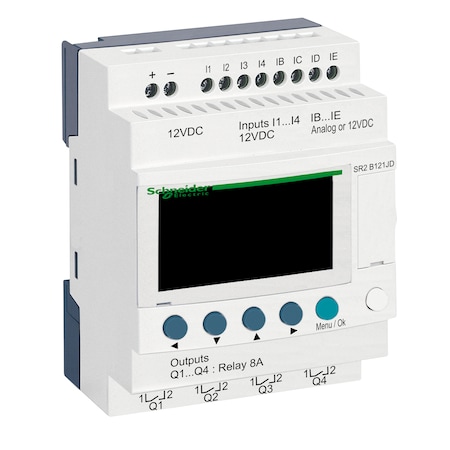 Compact smart relay, Zelio Logic SR2 SR3, 12 IO, 12V DC, clock, display MPN:SR2B121JD