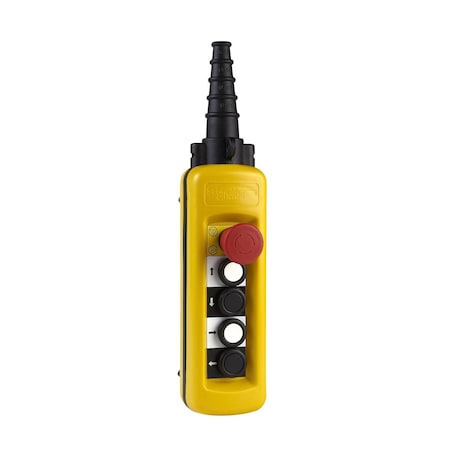 Pendant control station, Harmony XAC, plastic, yellow, 4 push buttons 1NO + 1NC, 1 emergency stop trigger action 1NC MPN:XACA4812