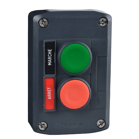 Complete control station, Harmony XALD, XALK, dark grey, flush push buttons 22mm, green MARCHE 1NO red ARRET 1NC, spring return MPN:XALD211H7