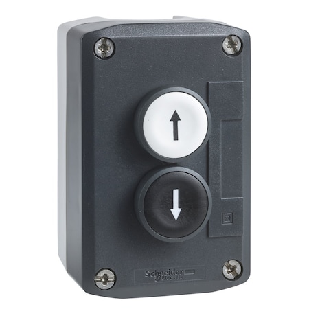 Control station, Harmony XALD, XALK, plastic, dark grey lid, 2 flush push buttons 22mm, marked UP ARROW DOWN ARROW, 2NO MPN:XALD222