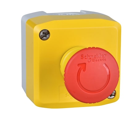 Control station, Harmony XALD, XALK, plastic, yellow, 1 red mushroom head push button 40mm, emergency stop turn to release, 1NO + 1 NC, unmarked MPN:XALK178E