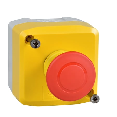 Control station, Harmony XALD, XALK, plastic, yellow, 1 red mushroom head push button 40mm, emergency stop push pull 1 NC, unmarked MPN:XALK198