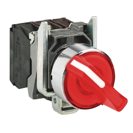 Illuminated selector switch, Harmony XB4, metal, red handle, 22mm, universal LED, 2 positions, 1NO + 1NC, 110.120V AC MPN:XB4BK124G5