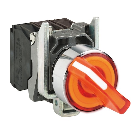 Illuminated selector switch, Harmony XB4, metal, orange handle, 22mm, universal LED, 2 positions, 1NO + 1NC, 110.120V AC MPN:XB4BK125G5