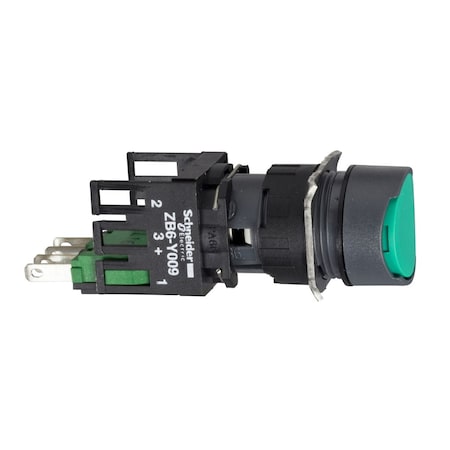 Complete push button, Harmony XB6, green flush pushbutton, 16mm, spring return, 1NO + 1NC, unmarked MPN:XB6AA35B