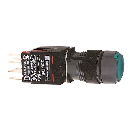 Complete illuminated push button, Harmony XB6, green flush, 16mm, spring return 1NO 12.24V MPN:XB6AW3B1B
