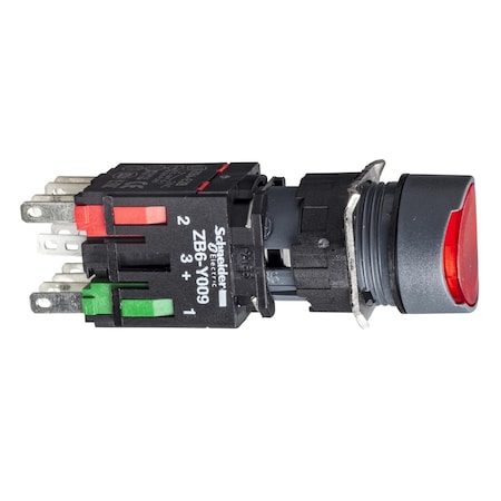 Complete illuminated push button, Harmony XB6, red flush, 16mm, spring return, 1NO + 1NC, 12.24V MPN:XB6AW4B5B