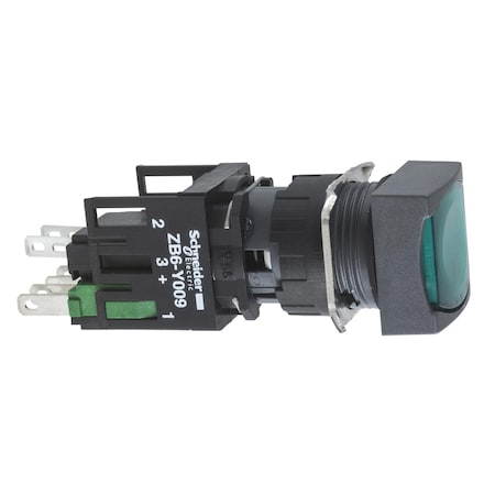 Complete illuminated push button, Harmony XB6, green square flush, 16mm, spring return, 1NO + 1NC, 12.24V MPN:XB6CW3B5B