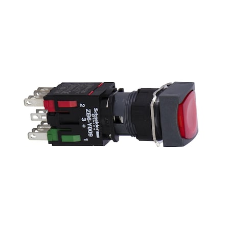 Complete illuminated push button, Harmony XB6, red square flush, 16mm, spring return 1NC 12.24V MPN:XB6CW4B2B