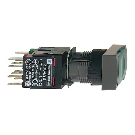 Complete illuminated push button, Harmony XB6, green rectang flush, 16mm, spring return, 1NO + 1NC, 12.24V MPN:XB6DW3B5B