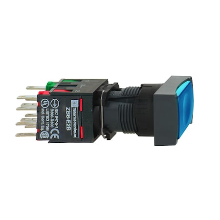 Complete illuminated push button, Harmony XB6, blue rectang flush illum pushbutton, 16 spring return 1NO+1NC 12.24 V MPN:XB6DW6B5B