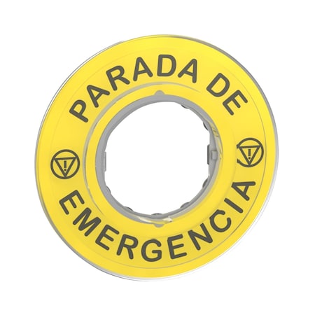 Legend, Harmony XB4, plastic, yellow, 90mm, for emergency stop, marked PARADA DE EMERGENCIA with logo ISO13851 MPN:ZBY9420
