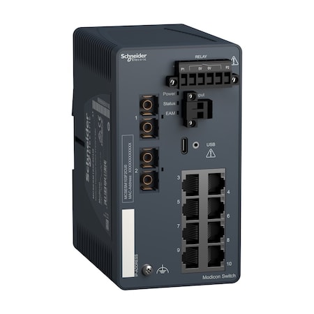 Network switch, Modicon Networking, managed, 8 ports for copper with 2 ports for fiber optic, multimode MPN:MCSESM103F2CU0