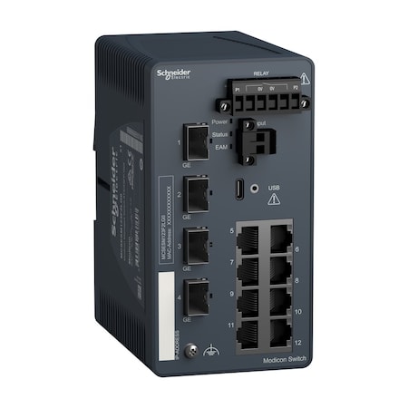Network switch, Modicon Networking, managed, 8 ports for copper with 4Gigabit SFP MPN:MCSESM123F2LG0