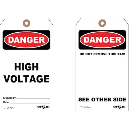 Danger Tag, Electrical Hazard, Cardstock, 7 in H x 4 in W, White, Rectangle, 25 PK MPN:DTUF-G43