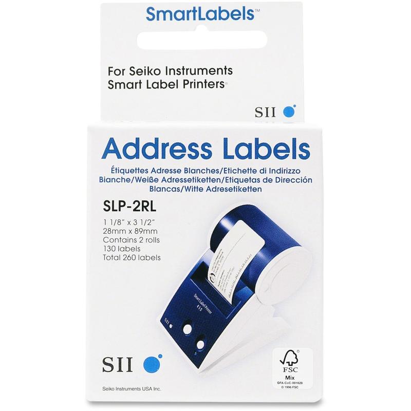 Seiko SmartLabel Address Labels, SKPSLP2RL, Rectangle, 1-1/8in x 3-1/2in, White, 130 Labels Per Roll, Box Of 2 Rolls (Min Order Qty 4) MPN:SLP-2RL