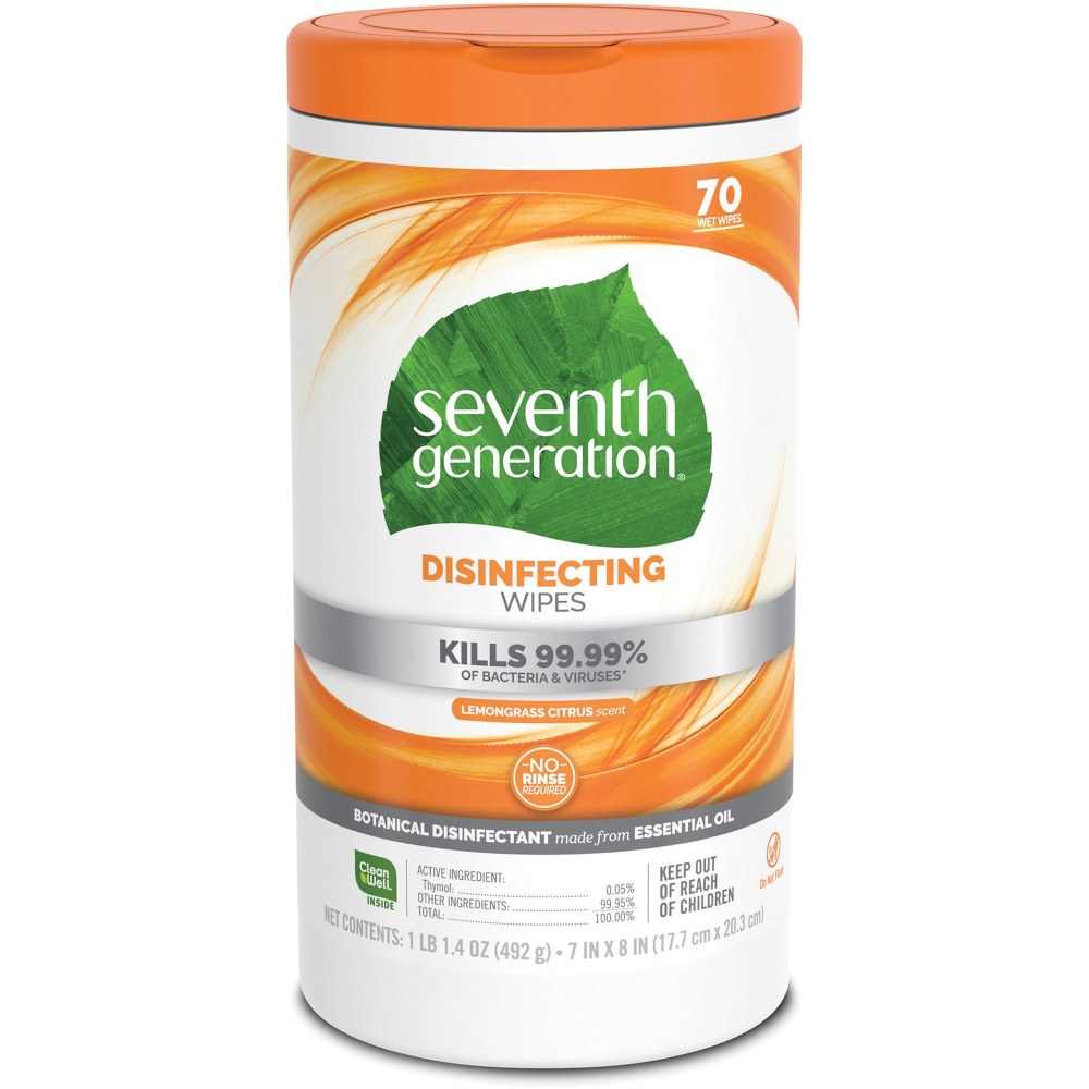Seventh Generation Disinfecting Wipes, Lemongrass Scent, 70 Wipes Per Canister, Pack Of 6 Canisters MPN:SEV22813CT