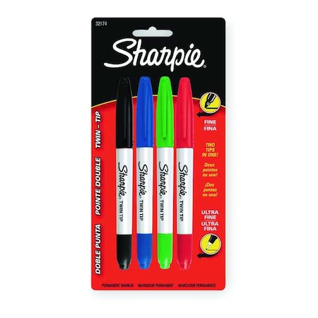 Twin Tip Permanent Marker Set, Black, Blue, Green, Red, Fine Tip, Retractable, 4 PK MPN:32174PP