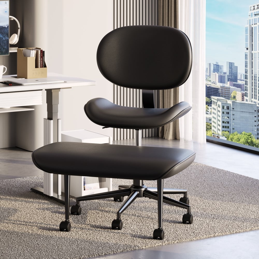 Pinmoco 2-Tier Cross-Legged Ergonomic Faux Leather Modern Armless Office Chair, Black MPN:H200470D-BLPU