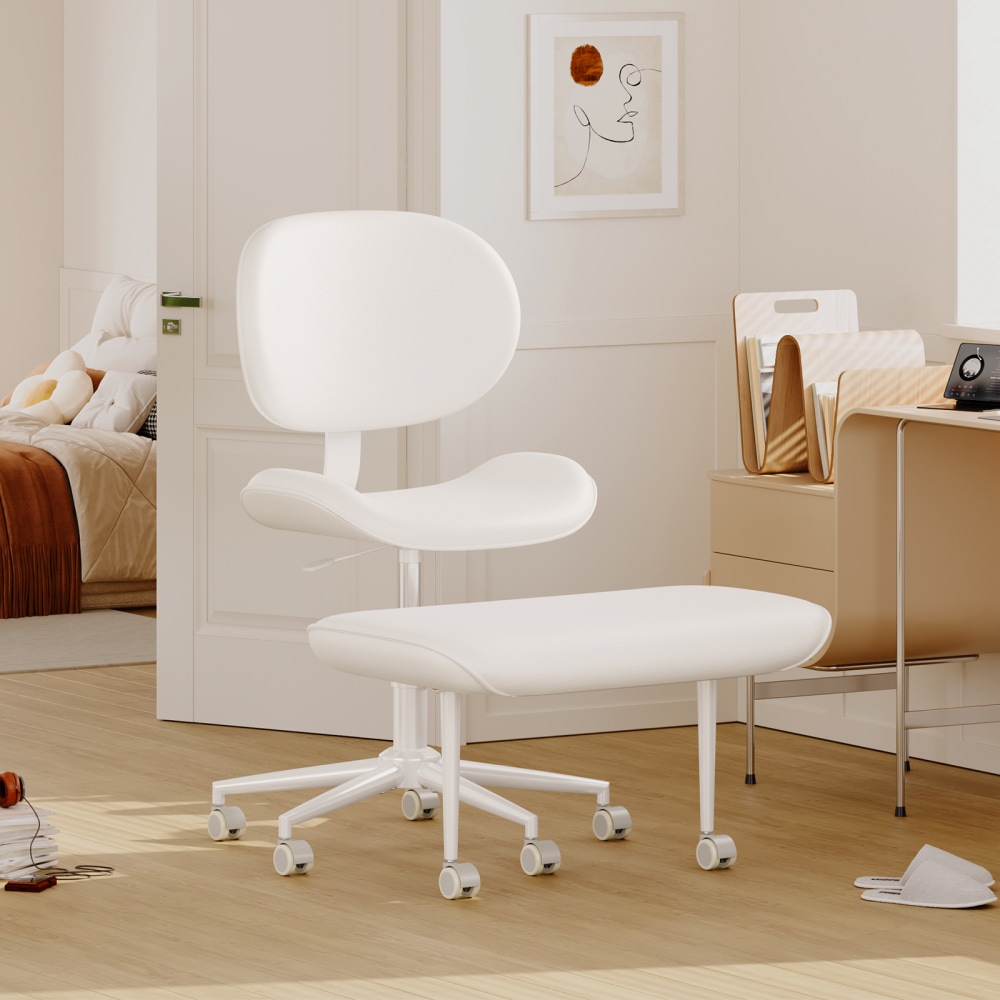 Pinmoco 2-Tier Cross-Legged Ergonomic Faux Leather Modern Armless Office Chair, White MPN:H200470D-MWPU