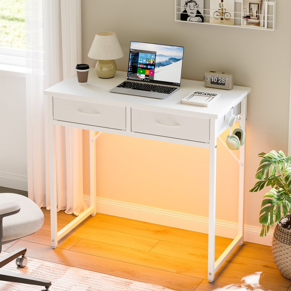 Pinmoco 32in Ergonomic Wood & Metal Modern Computer Desk with 2 Drawers & LED, White MPN:G200880E-WHTG