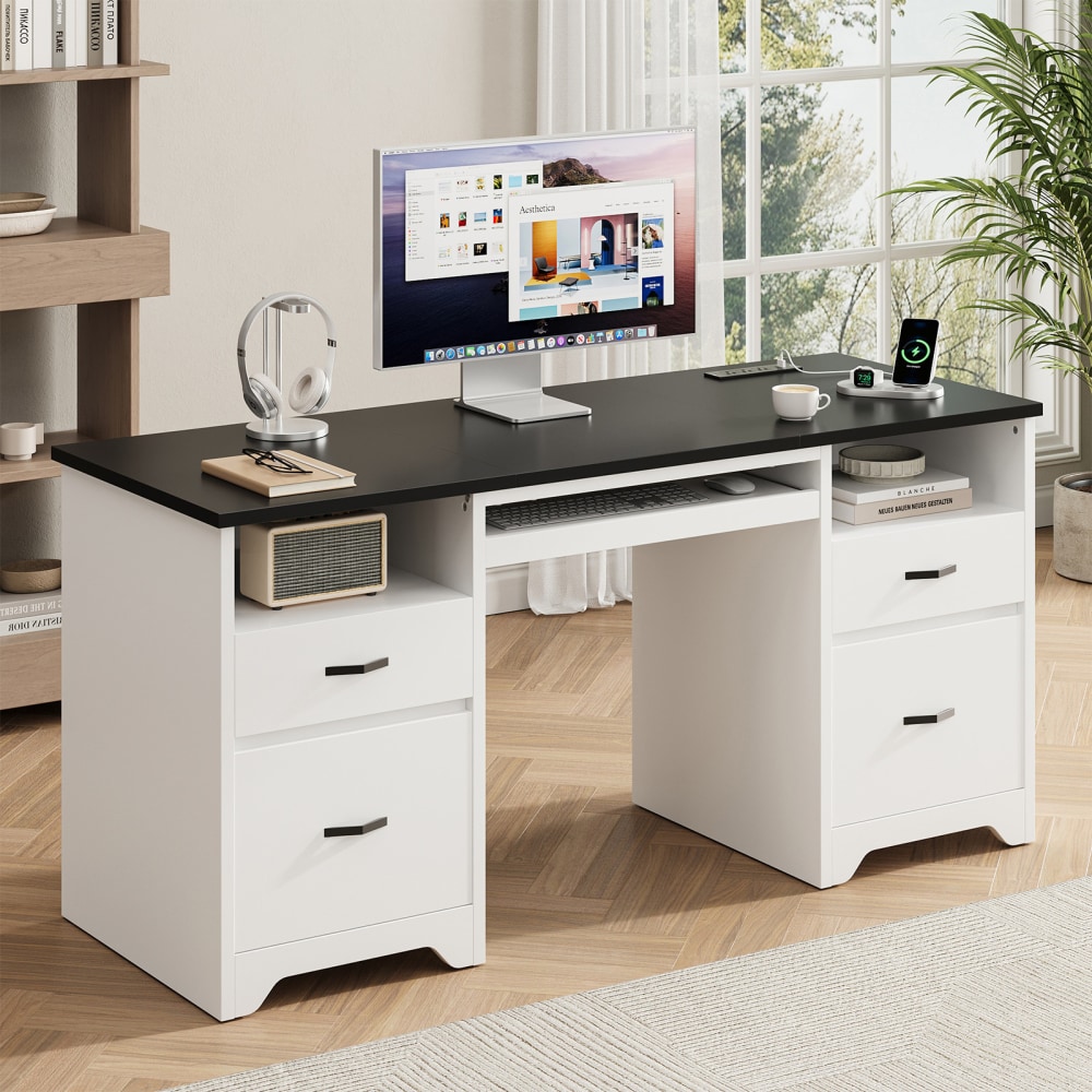 Bestier 59in Rectangular Computer Desk with Drawers and Power Outlet, Home Office Desk with Keyboard Tray, White MPN:H104415SUS-BLK