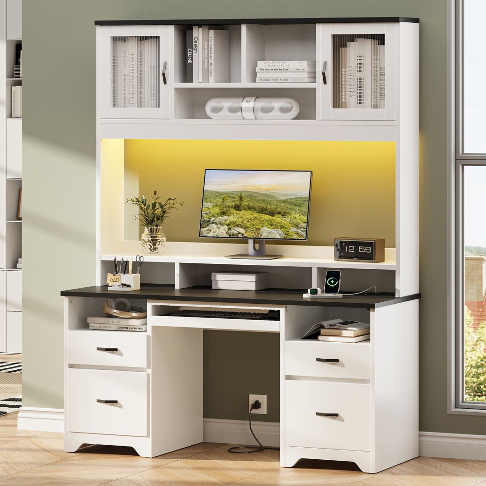 Bestier 59inW Rectangular Executive Ergonomic Computer Desk, Black/White MPN:H104415SUS-W2