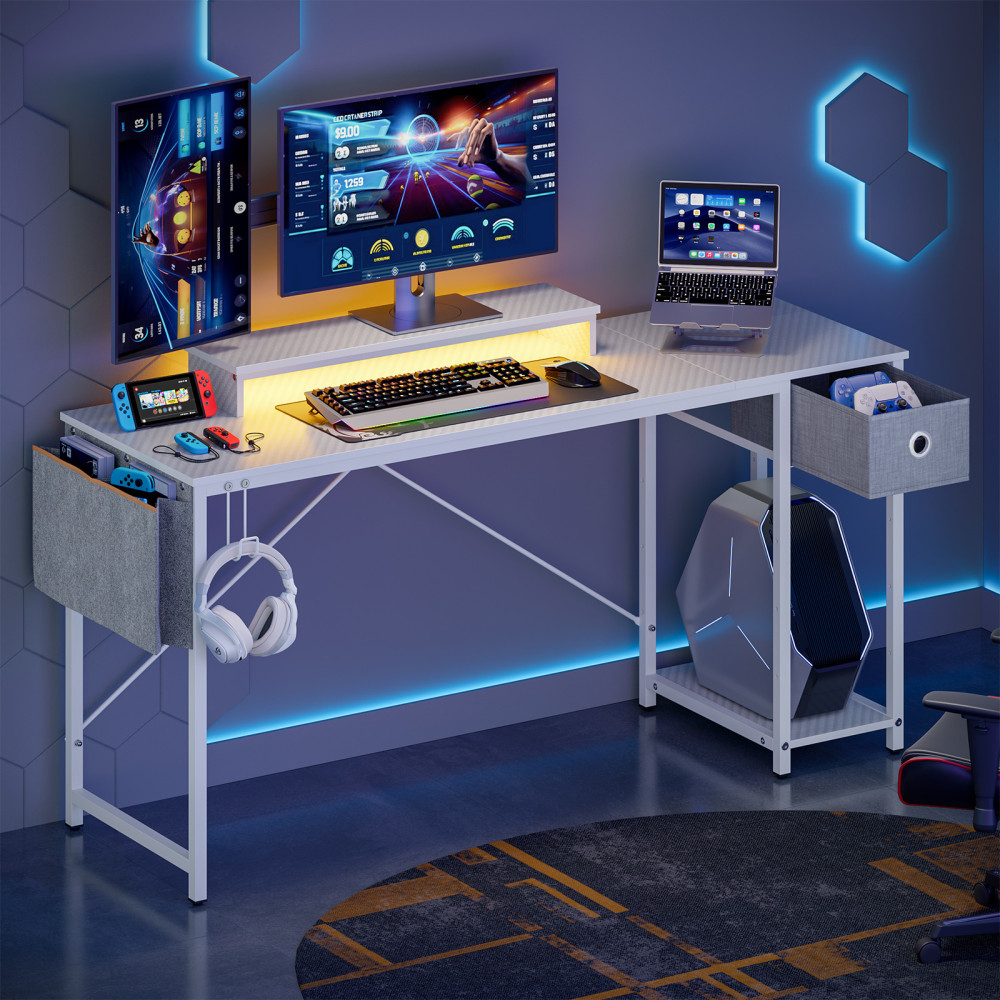 Bestier 62inW Reversible Computer Desk With Storage Drawer And LED Monitor Stand, White MPN:H105415B-WDCF