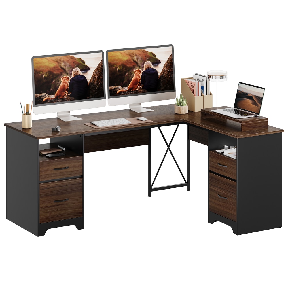 Bestier 63inW L-Shaped Corner Executive Desk With Monitor Stand & Open Storage, Cherry MPN:H104715P-CRY
