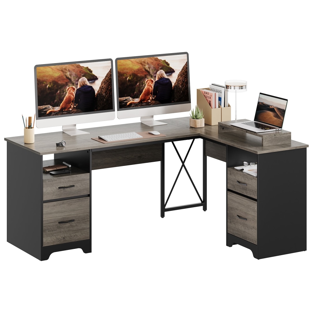 Bestier 63inW L-Shaped Corner Executive Desk With Monitor Stand & Open Storage, Gray MPN:H104715P-GRW