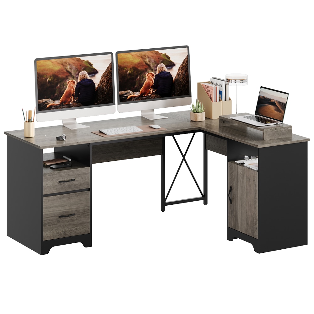 Bestier 63inW L-Shaped Corner Computer Desk With Monitor Stand & Open Storage, Gray MPN:H104815R-GRW