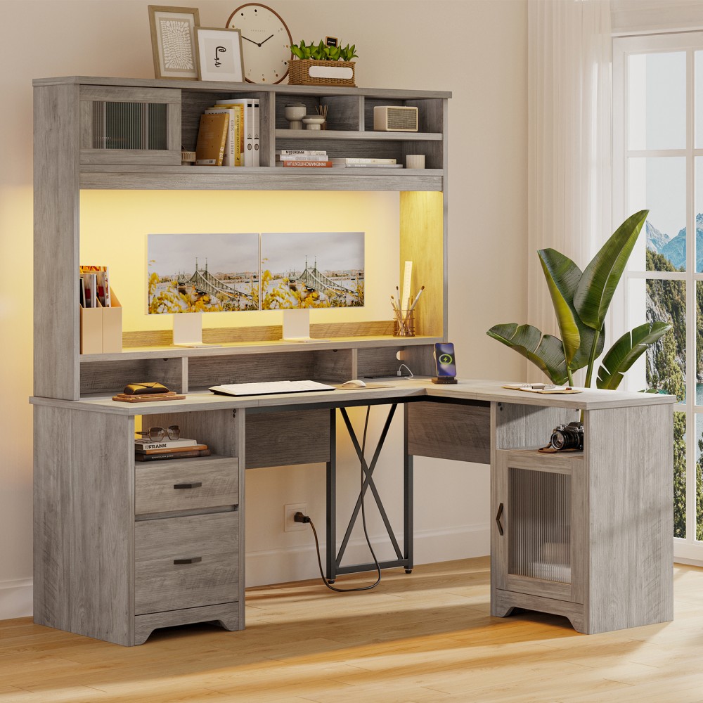 Bestier 63inW L-Shaped Ergonomic Corner Desk, Gray MPN:H104815SUS-G2