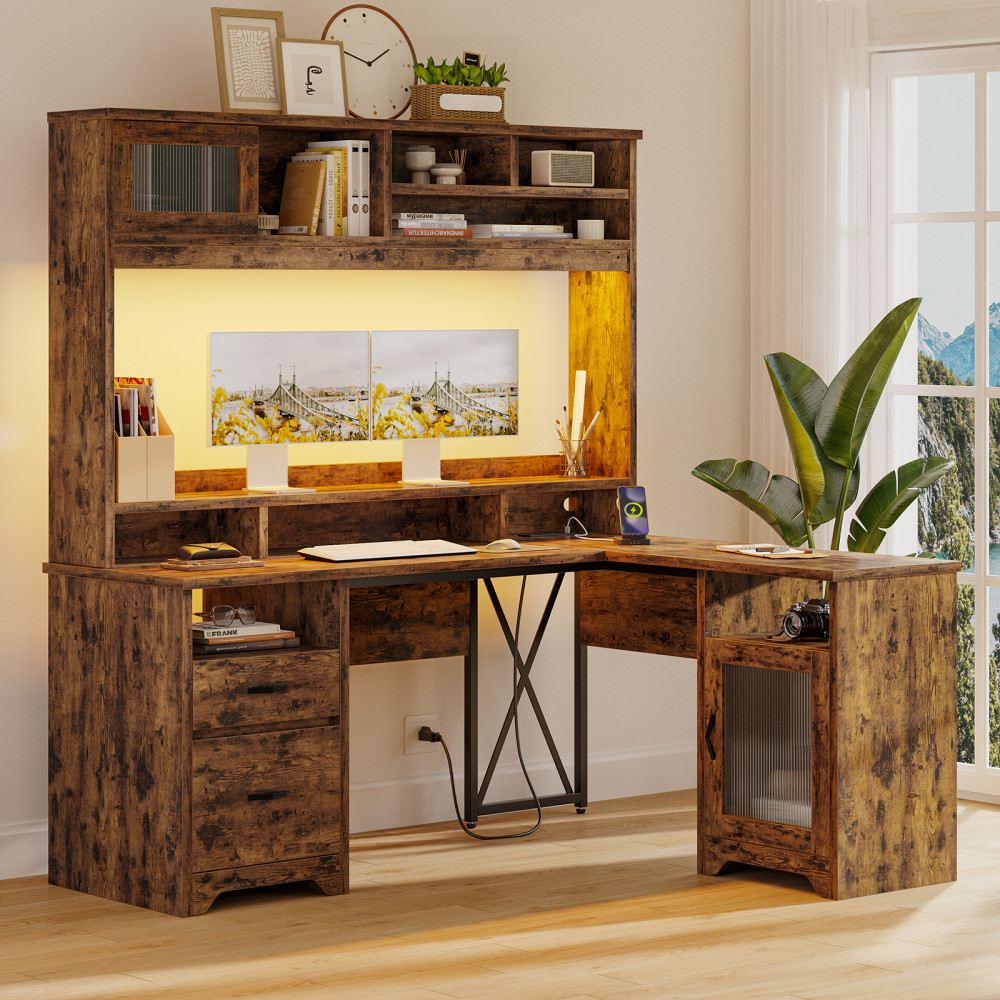 Bestier 63inW L-Shaped Ergonomic Corner Desk, Rustic Brown MPN:H104815SUS-R2
