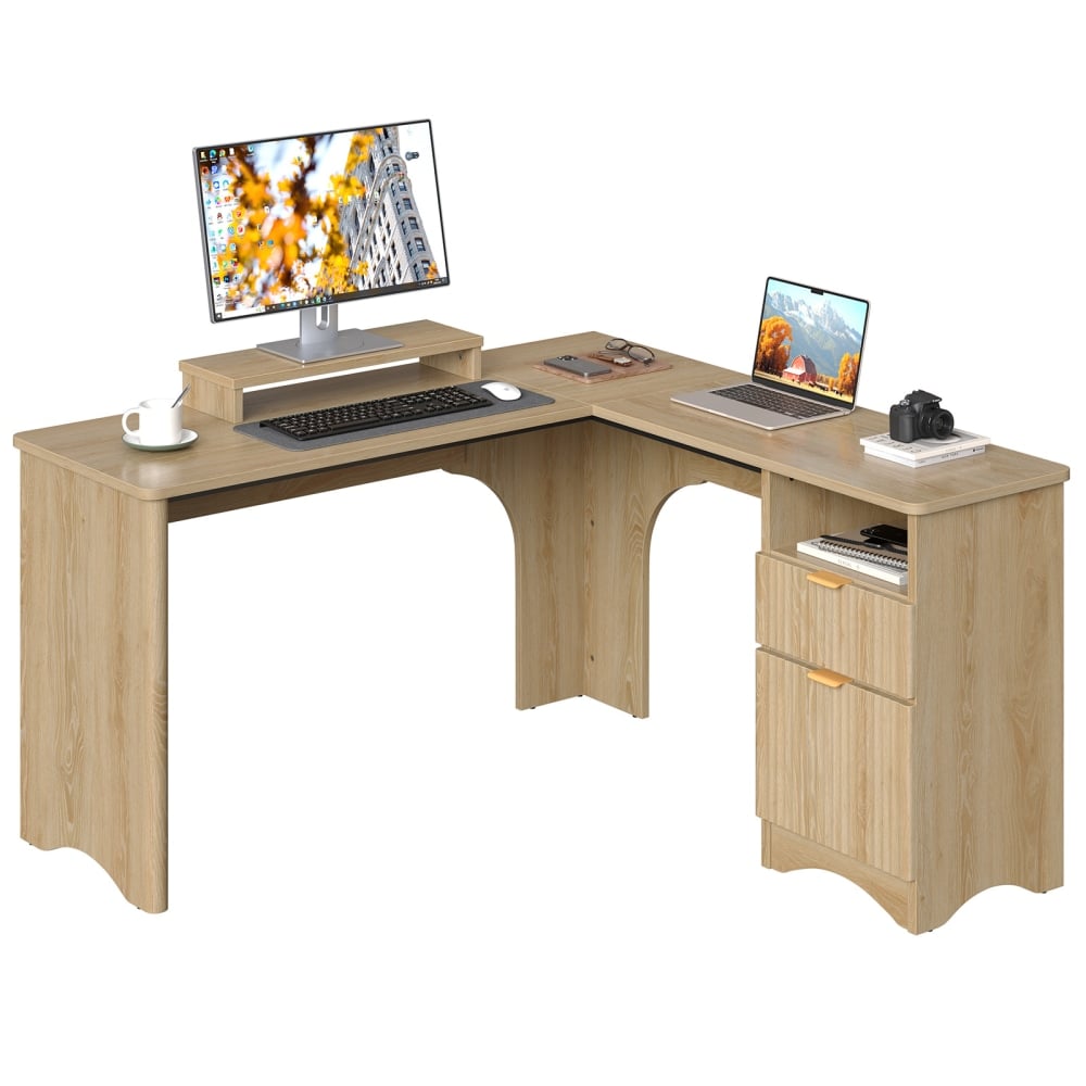 Bestier 56inW Modern L-Shaped Corner Computer Desk With Filing Drawer, Natural Oak MPN:H106314M-LOG