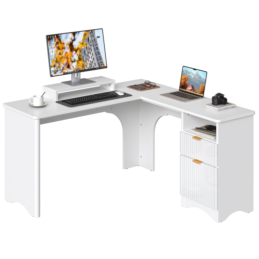 Bestier 56inW Modern L-Shaped Corner Computer Desk With Filing Drawer, White MPN:H106314M-WHT