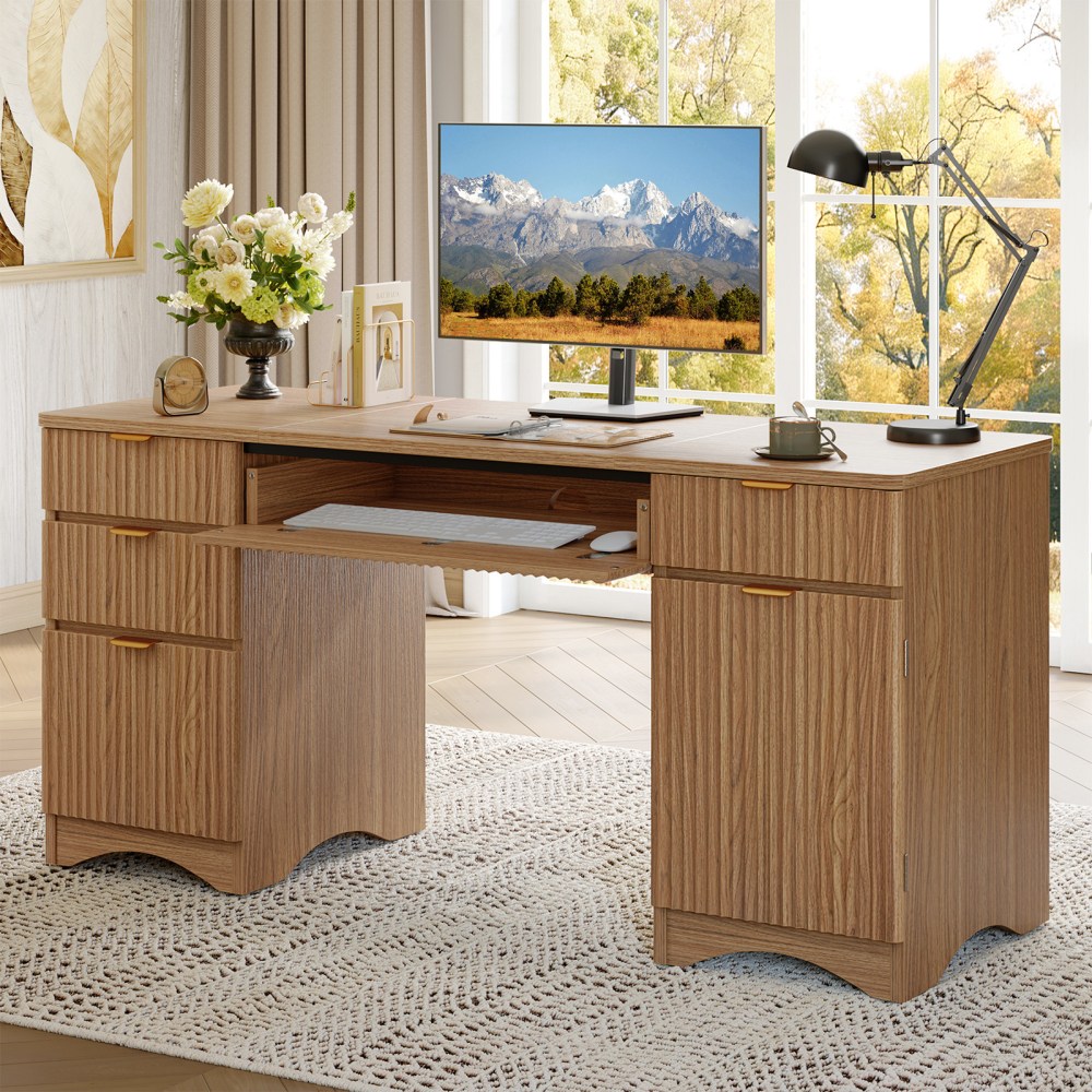 Bestier 63inW Fluted Executive Corner Desk, Brown MPN:H108016A-BWOK