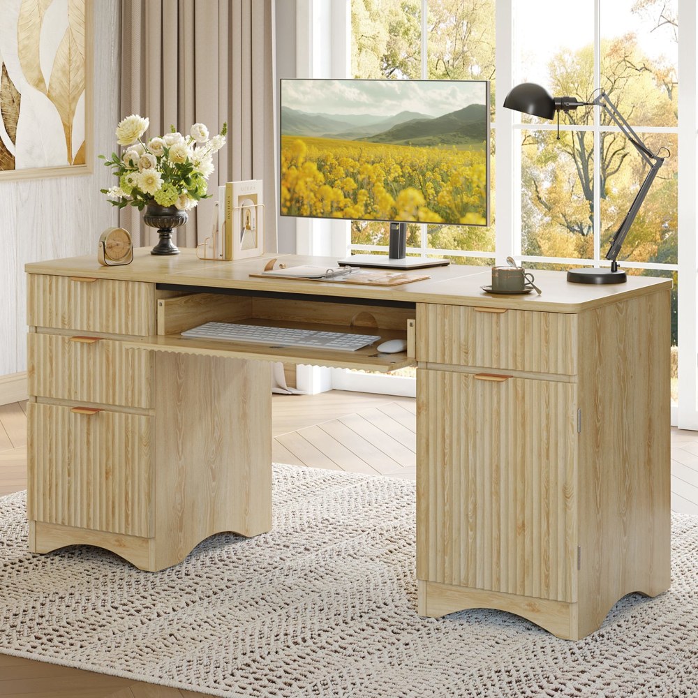 Bestier 63inW Fluted Executive Corner Desk, Natural MPN:H108016A-LOG
