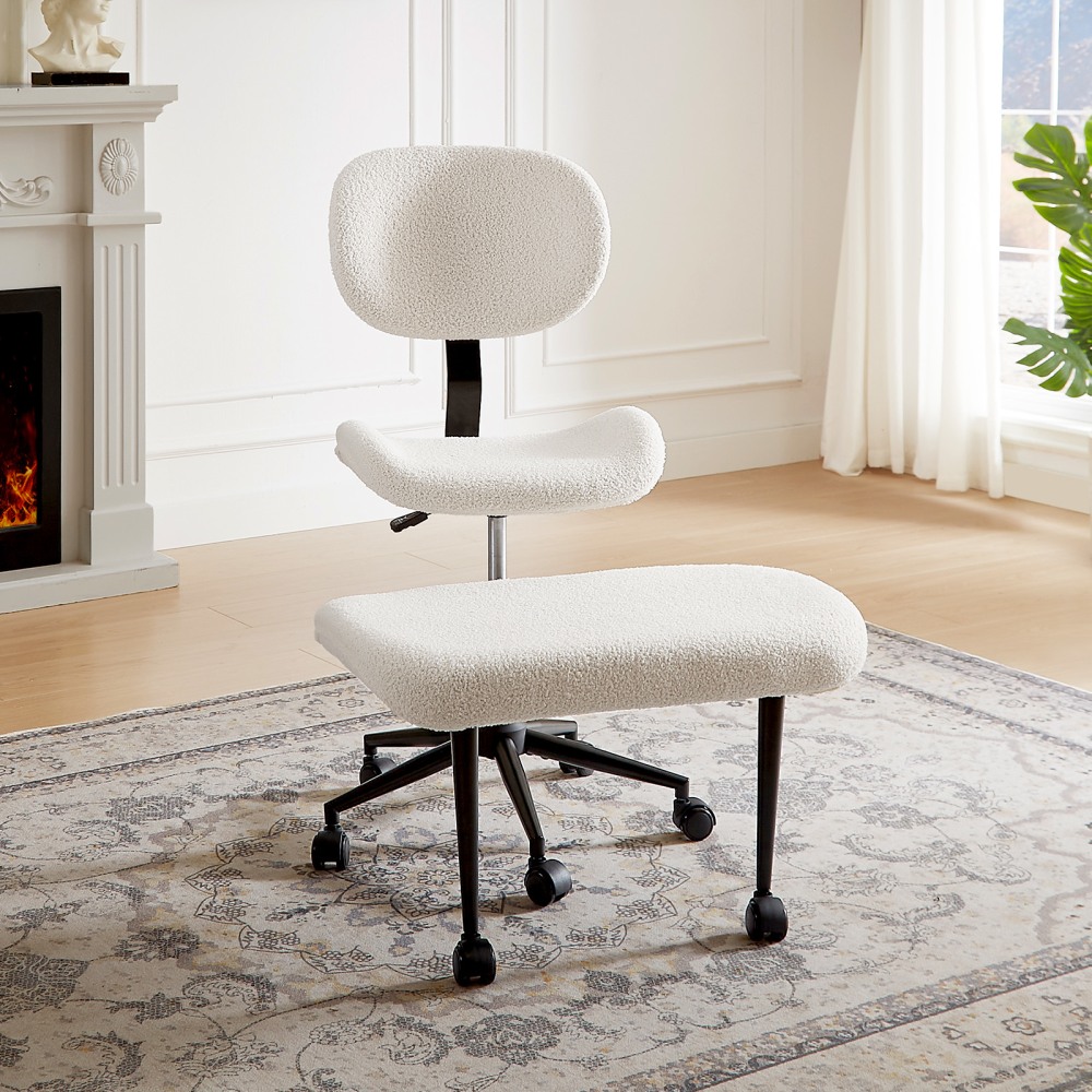 Pinmoco 2-Tier Cross-Legged Ergonomic Textured Fabric Modern Armless Office Chair, Off-White MPN:H200470D-OWTD