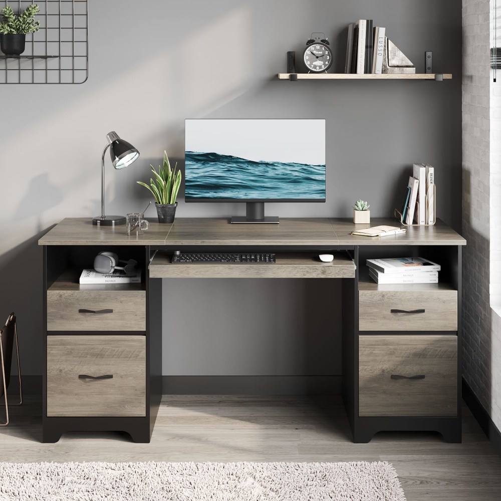 Bestier 59inW Double-Pedestal Executive Computer Desk With Open Storage & Drawer, Gray MPN:H104415L-GRW