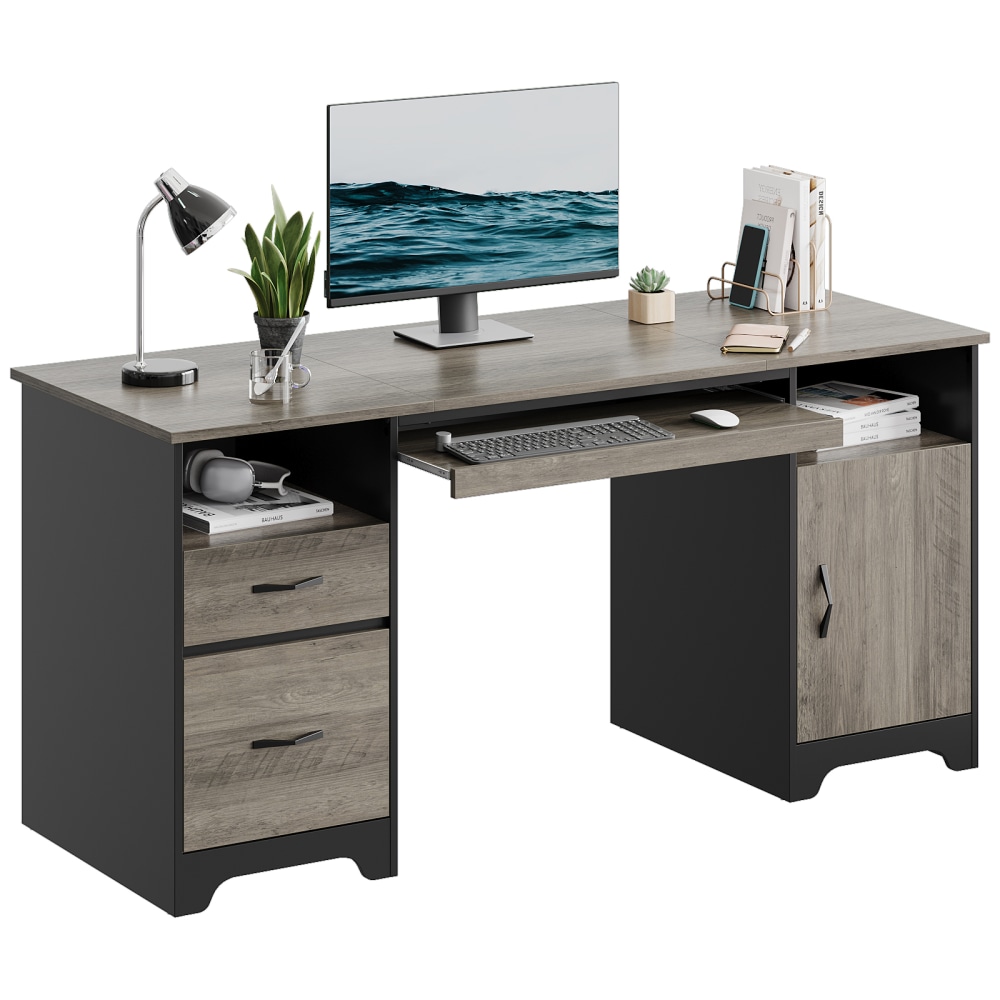 Bestier 59inW Executive Computer Desk With Open Storage & Cabinet, Gray MPN:H104515M-GRW