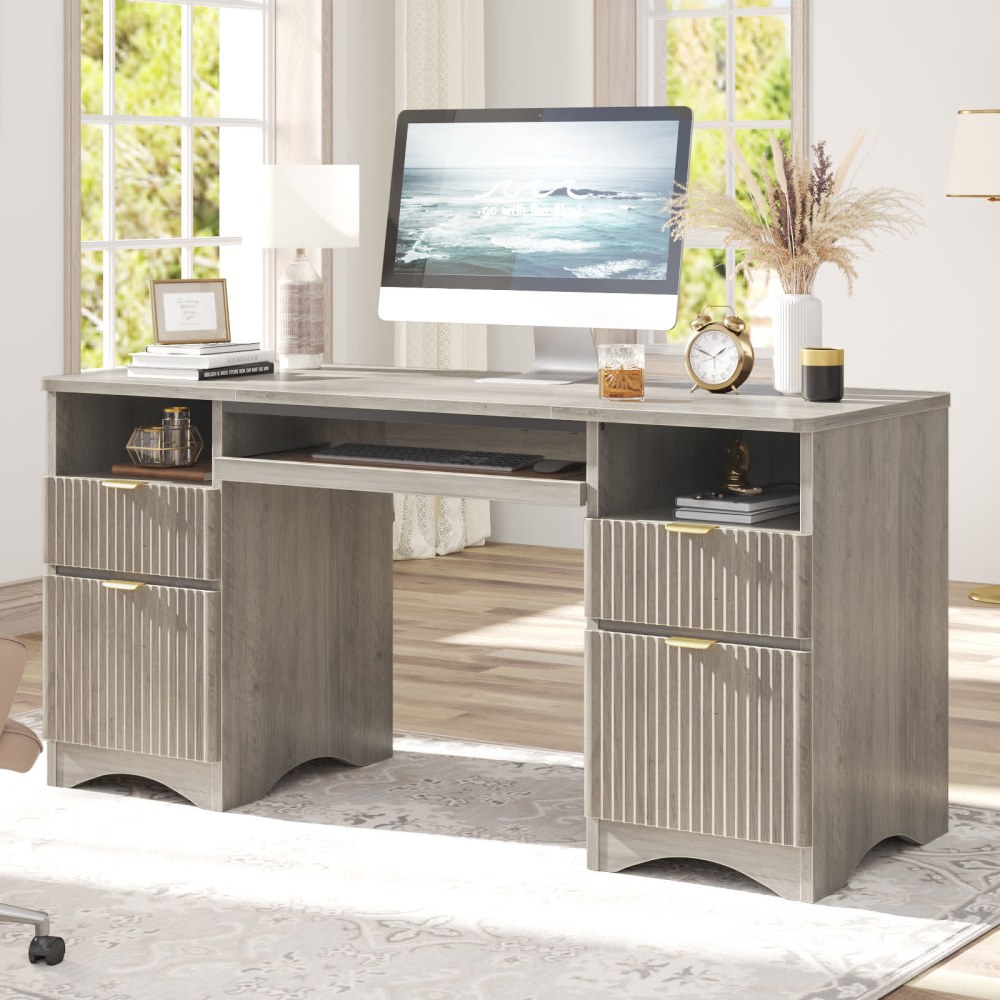 Bestier 60inW Executive Computer Desk With Keyboard Tray And 4 Storage Drawers, Wash Gray MPN:H106115K-GRYW