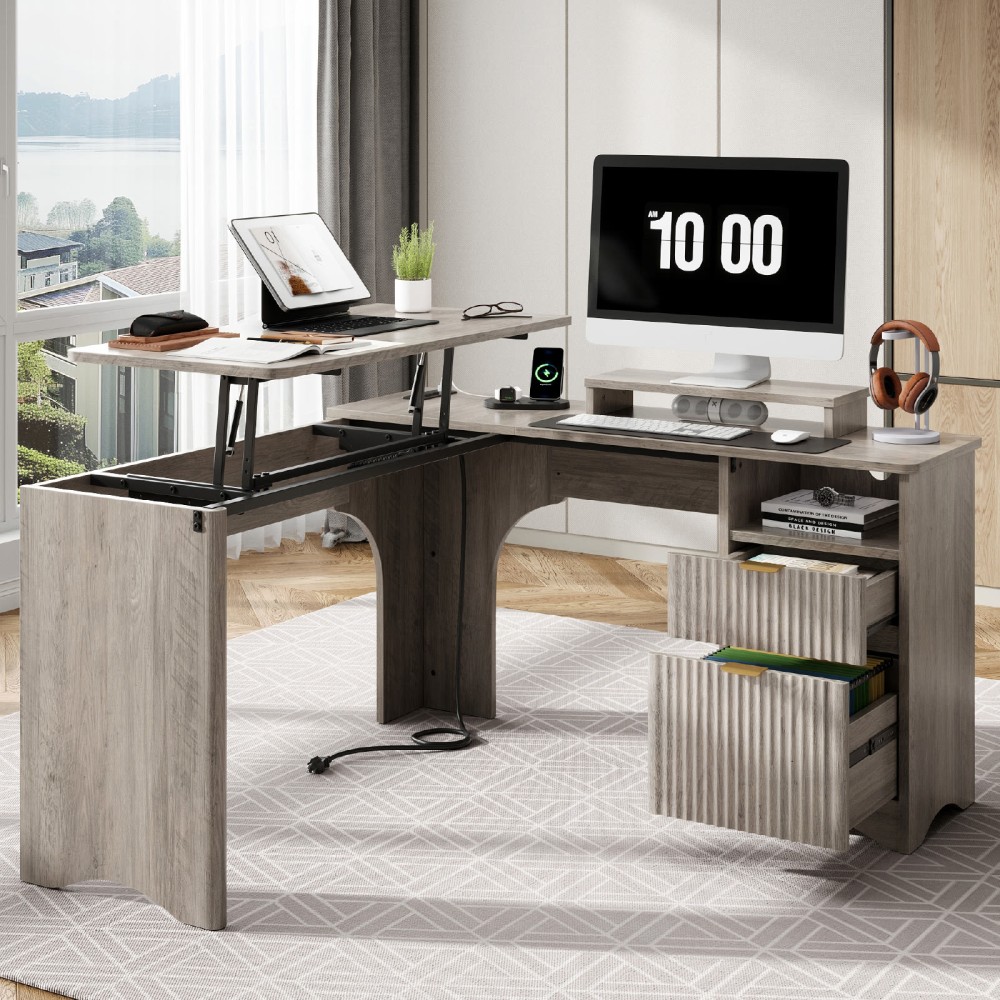 Bestier 55inW L-Shaped Adjustable Height Computer Standing Desk With Power Outlets, Lift-Top And Monitor Stand, Wash Gray MPN:H106214SUS-GRYW