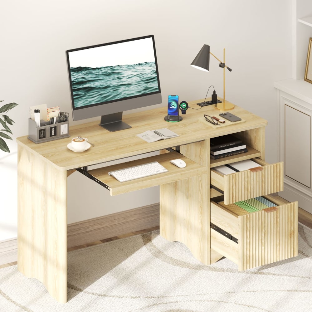 Bestier 55in Computer Desk With Power Outlets, 2 Storage Drawers And Keyboard Tray, Natural MPN:H106413SUS-LOG