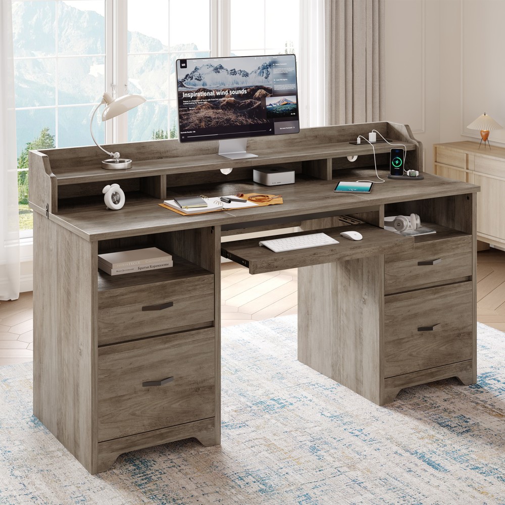 Bestier 60inW Computer Desk With Keyboard Tray And Power Outlet, Gray MPN:H106715SUS-GRYW