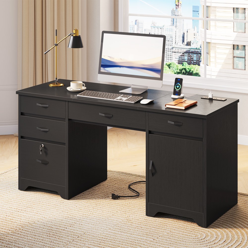 Bestier 60inW Executive Computer Desk With Drawers And Power Outlets, Black MPN:H106915SUS-BLKG