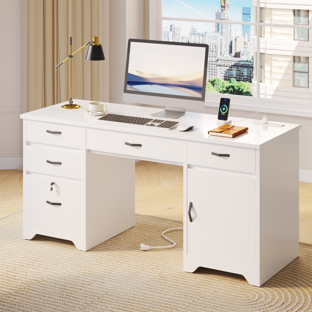 Bestier 60inW Executive Computer Desk With Drawers And Power Outlets, White MPN:H106915SUS-WHT